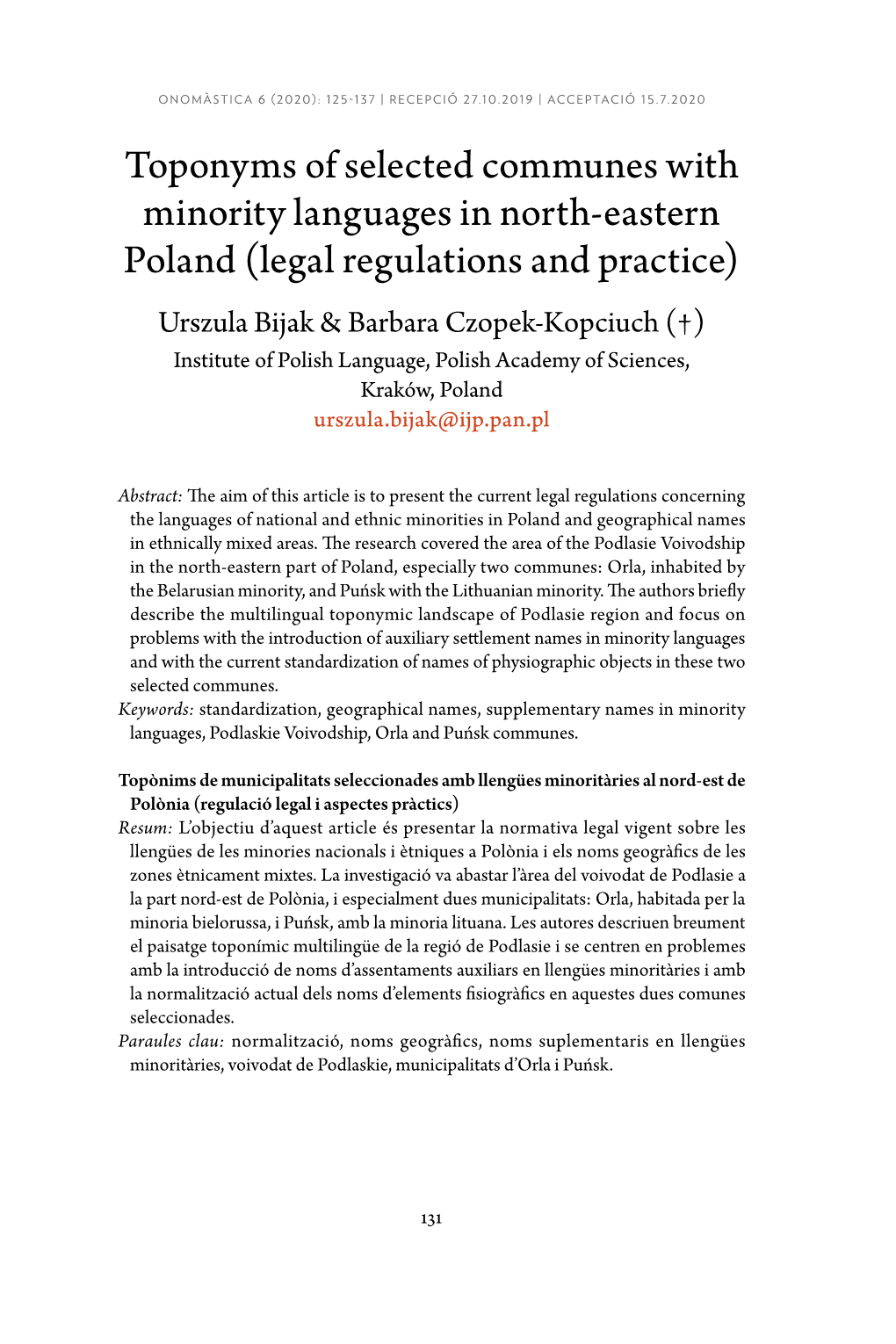 Toponyms of Selected Communes with Minority Languages in North-Eastern Poland