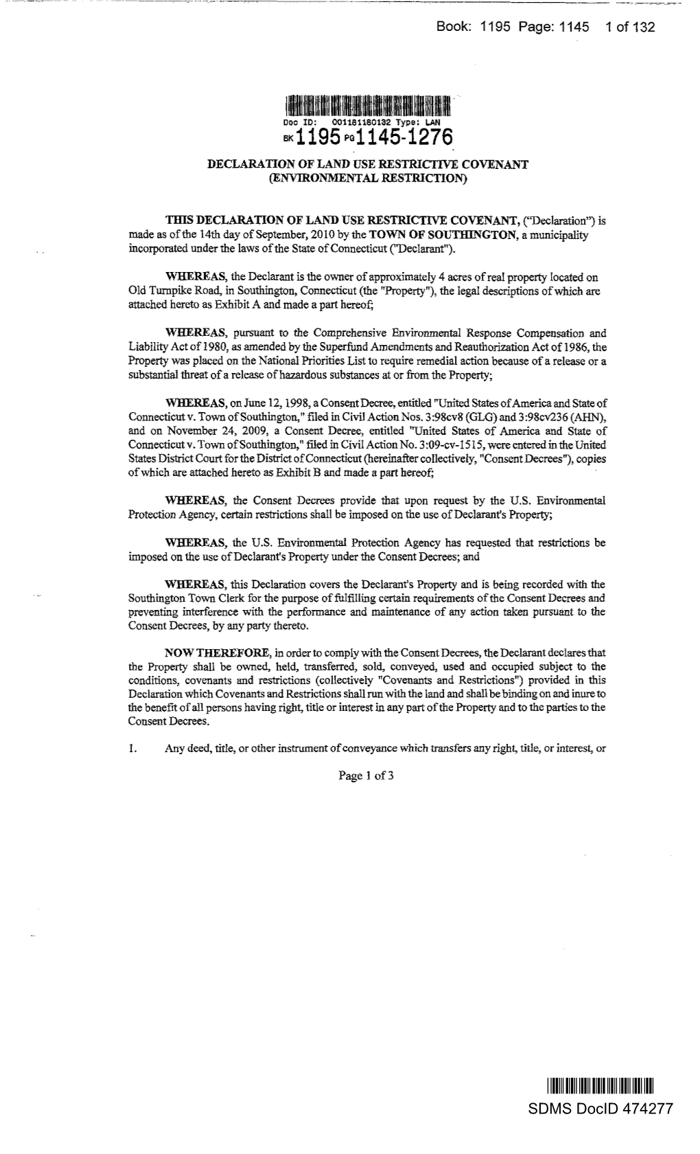 Declaration of Land Use Restrictive Covenant (Environmental Restriction)