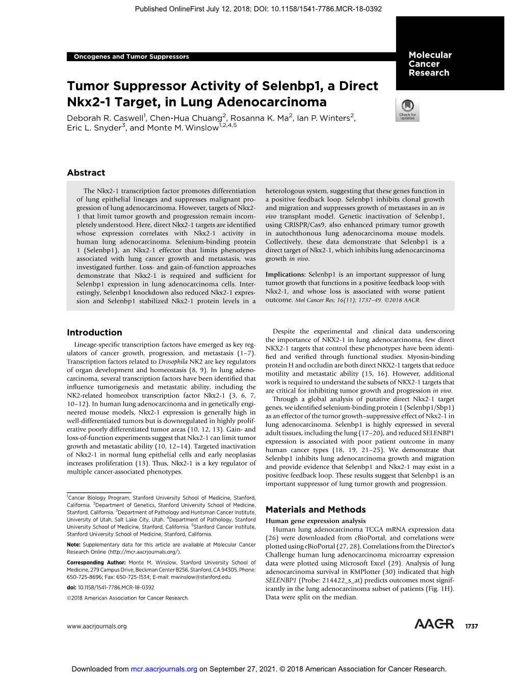 Tumor Suppressor Activity of Selenbp1, a Direct Nkx2-1 Target, in Lung Adenocarcinoma Deborah R