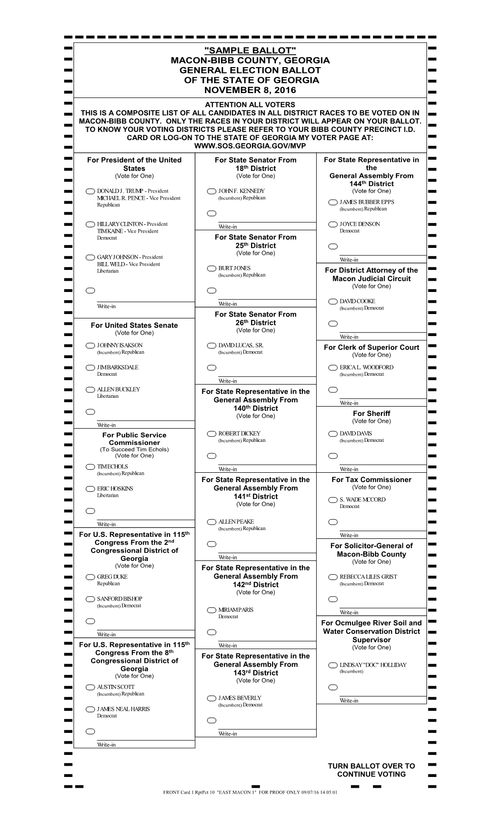 "Sample Ballot" Macon-Bibb County, Georgia General Election Ballot of the State of Georgia November 8, 2016