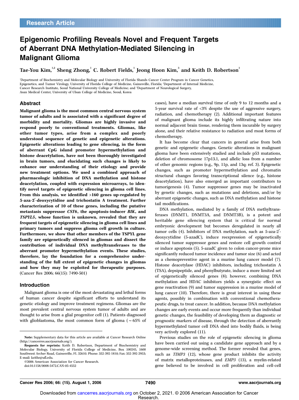 Epigenomic Profiling Reveals Novel and Frequent Targets of Aberrant DNA Methylation-Mediated Silencing in Malignant Glioma