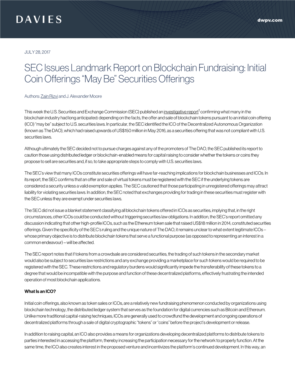 SEC Issues Landmark Report on Blockchain Fundraising: Initial Coin Offerings “May Be” Securities Offerings
