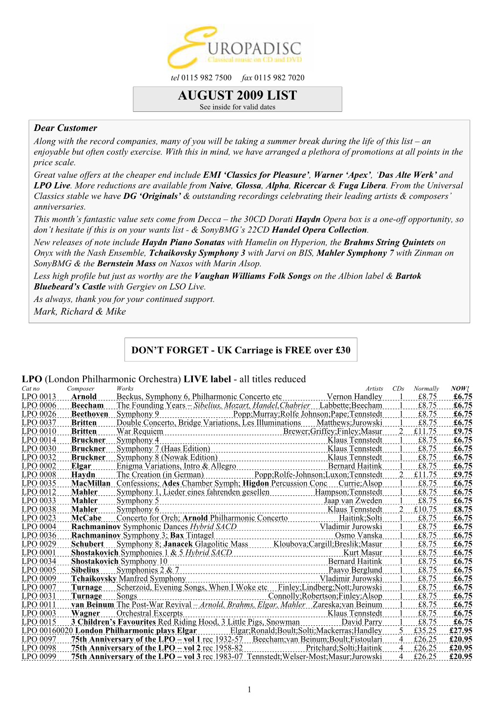 AUGUST 2009 LIST See Inside for Valid Dates