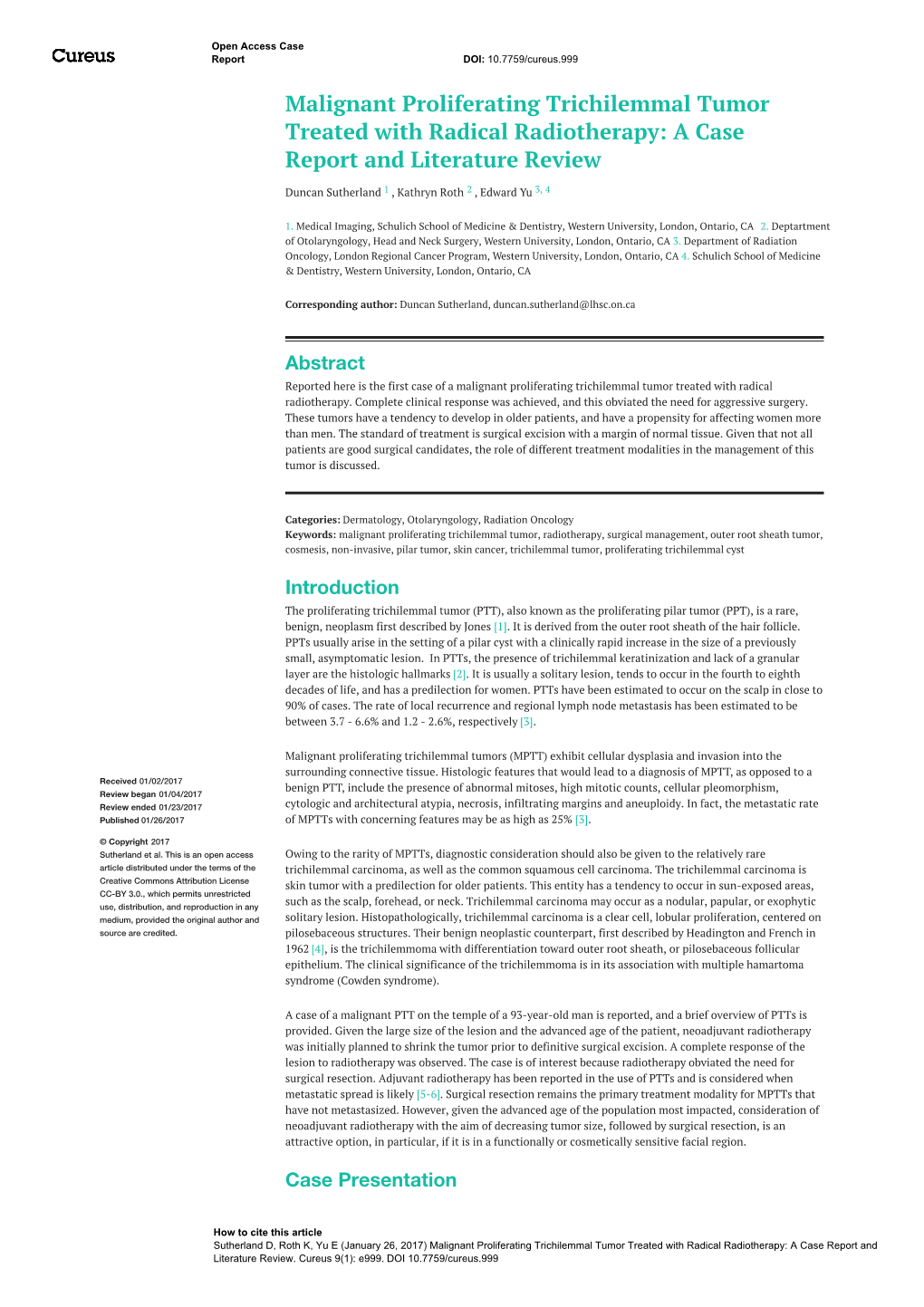 Malignant Proliferating Trichilemmal Tumor Treated with Radical Radiotherapy: a Case Report and Literature Review