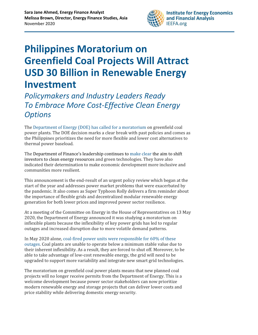 Philippines Moratorium on Greenfield Coal Projects Will Attract USD 30