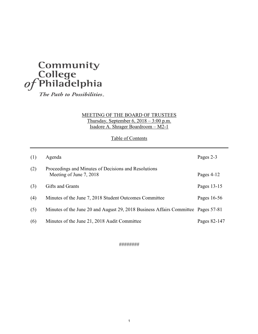 MEETING of the BOARD of TRUSTEES Thursday, September 6, 2018 – 3:00 P.M. Isadore A. Shrager Boardroom – M2-1 Table of Conten