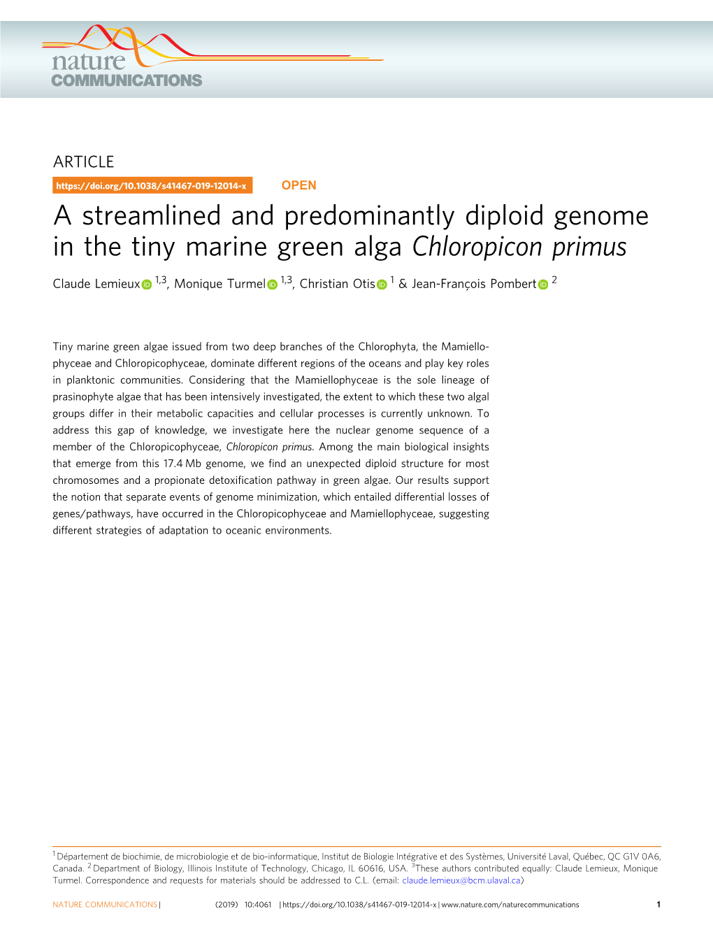 A Streamlined and Predominantly Diploid Genome in the Tiny Marine Green Alga Chloropicon Primus