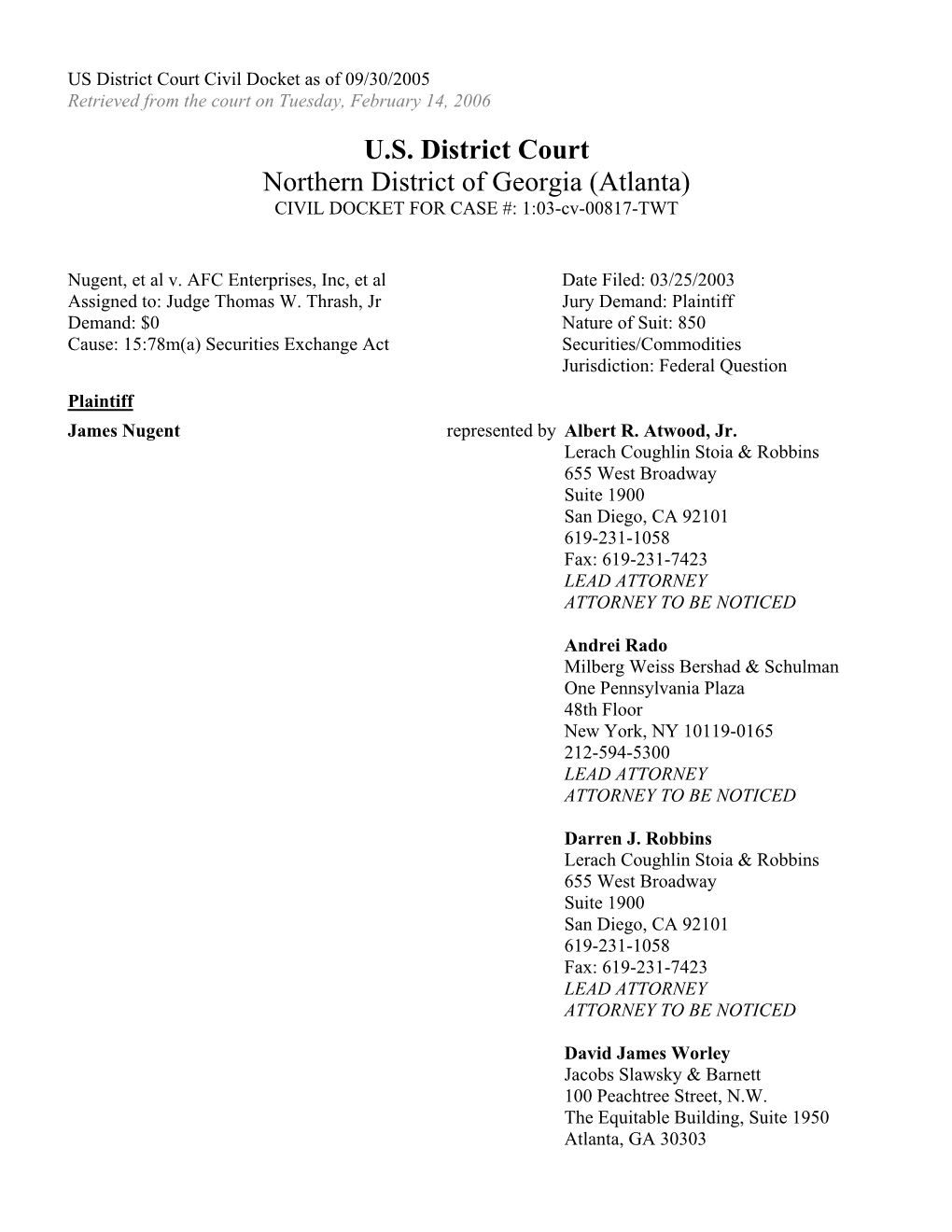 James Nugent , Et Al. V. AFC Enterprises, Inc., Et Al. 03-CV-0817-US