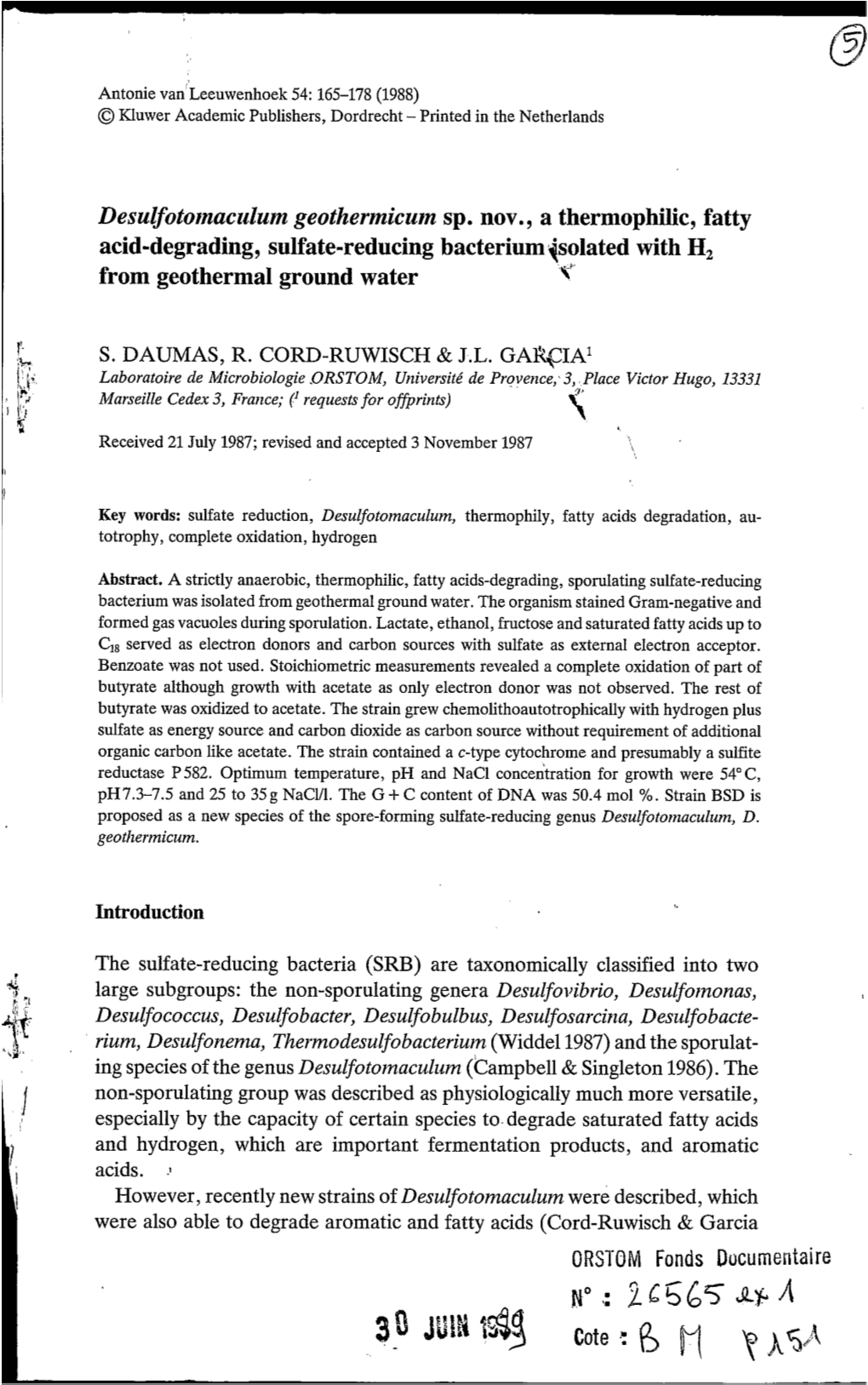 Desulfotomaculum Geothermicum Sp. Nov., a Thermophilic, Fatty Acid
