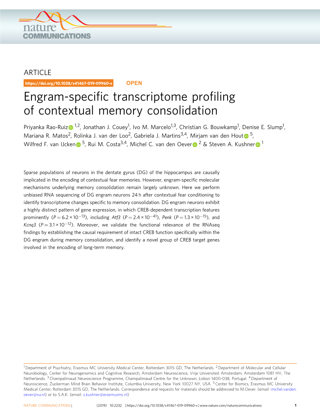 Engram-Specific Transcriptome Profiling of Contextual Memory