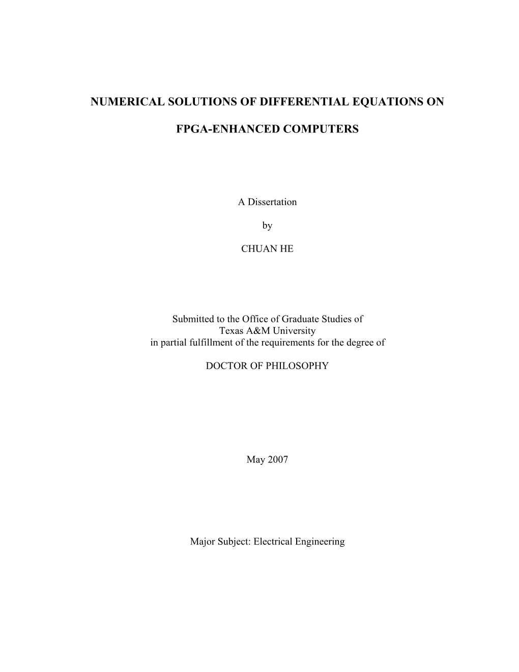 Numerical Solutions of Differential Equations on Fpga-Enhanced Computers
