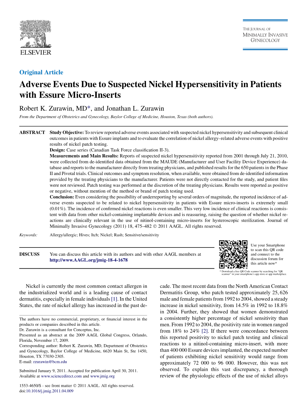Adverse Events Due to Suspected Nickel Hypersensitivity in Patients with Essure Micro-Inserts Robert K