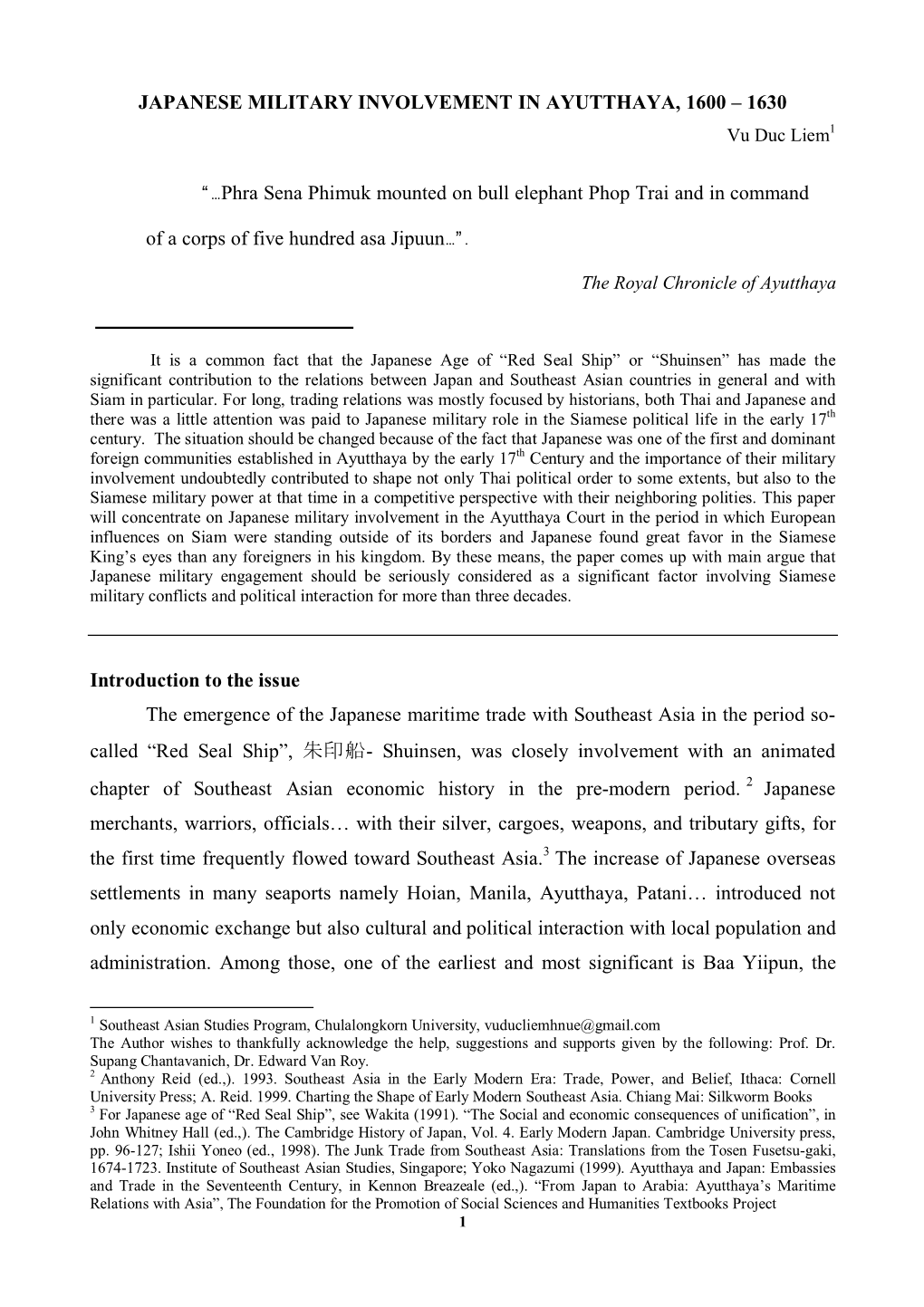 JAPANESE MILITARY INVOLVEMENT in AYUTTHAYA, 1600 – 1630 Vu Duc Liem1