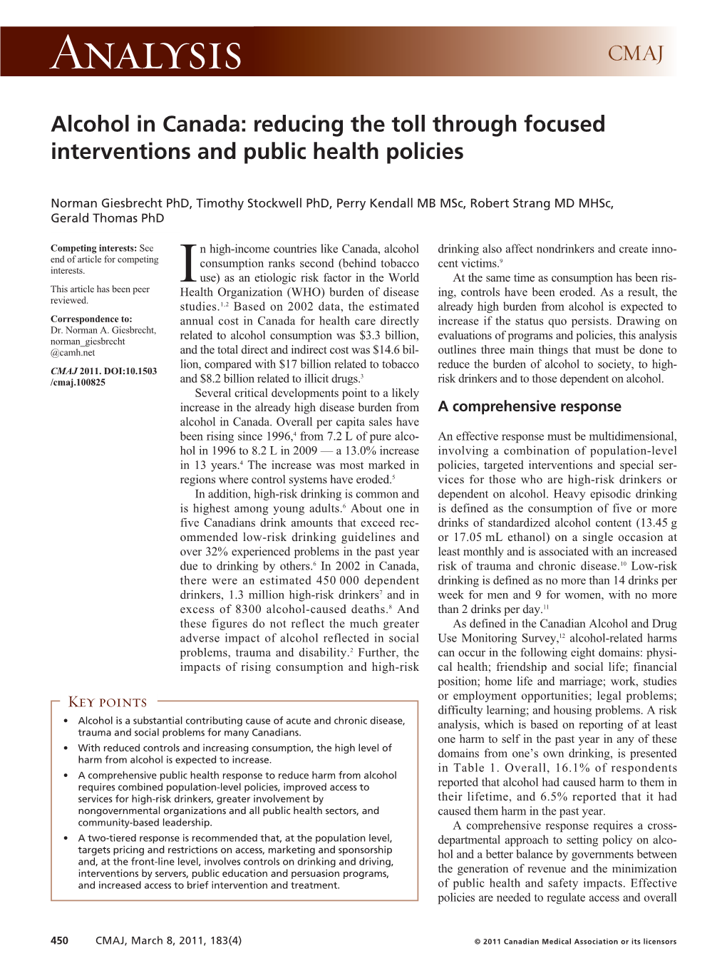 Alcohol in Canada: Reducing the Toll Through Focused Interventions and Public Health Policies