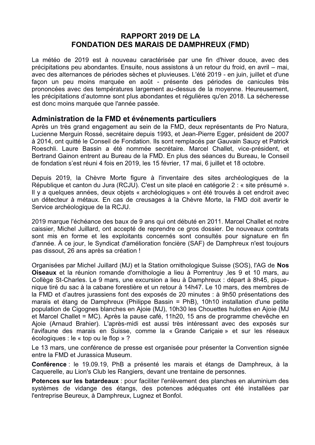Rapport 2019 De La Fondation Des Marais De Damphreux (Fmd)