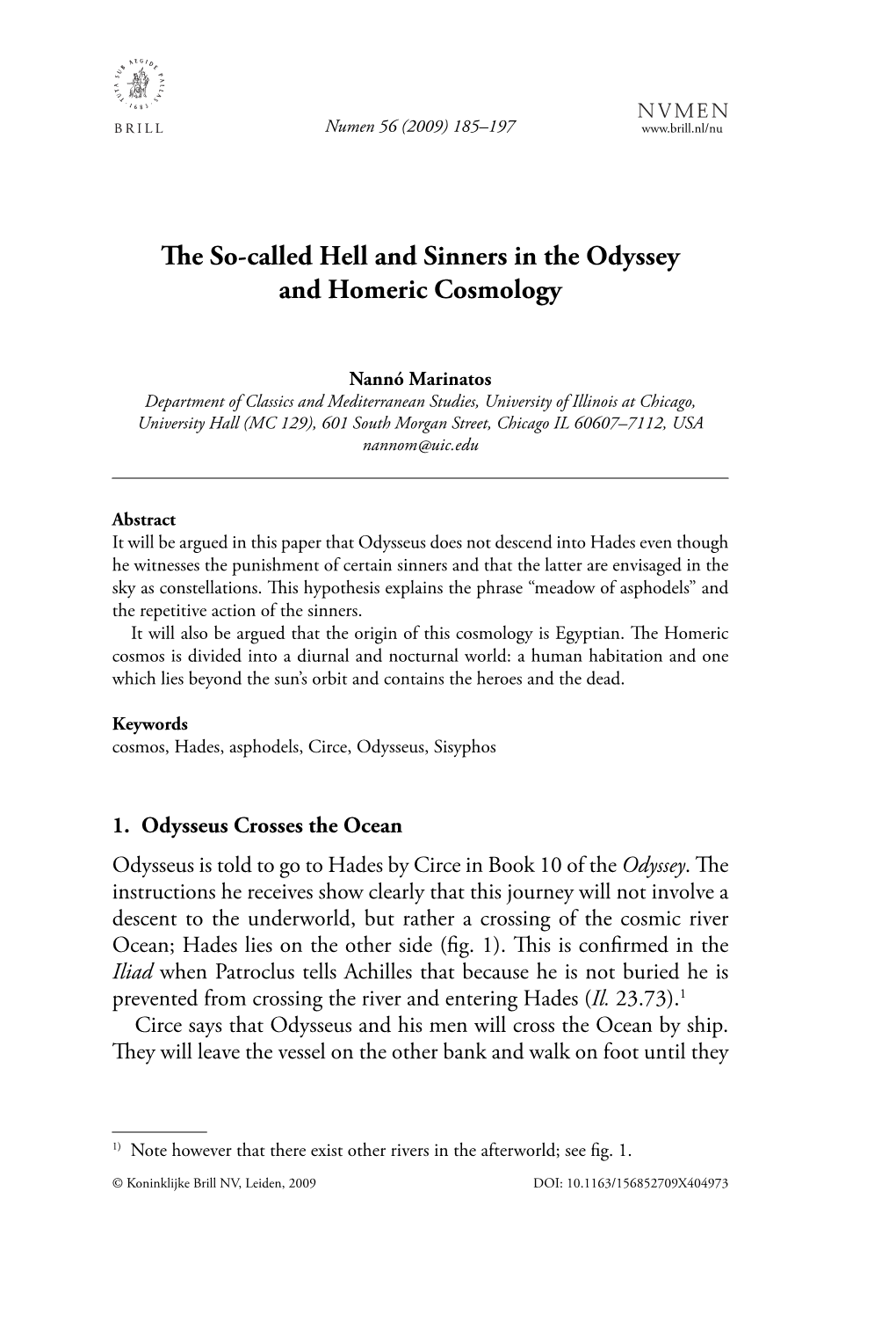 The So-Called Hell and Sinners in the Odyssey and Homeric Cosmology