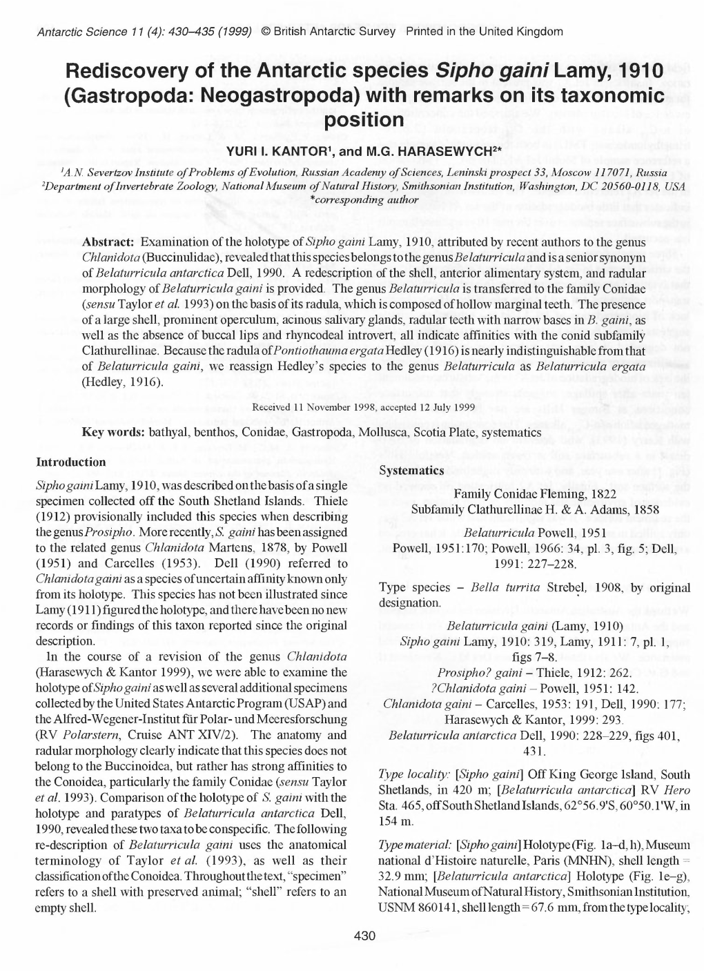 Rediscovery of the Antarctic Species Sipho Garni Lamy, 1910 (Gastropoda: Neogastropoda) with Remarks on Its Taxonomic Position