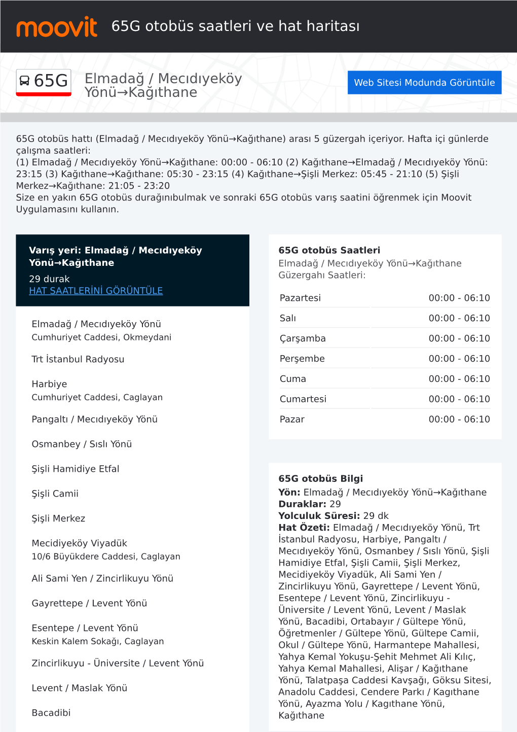 65G Otobüs Saatleri Ve Hat Haritası