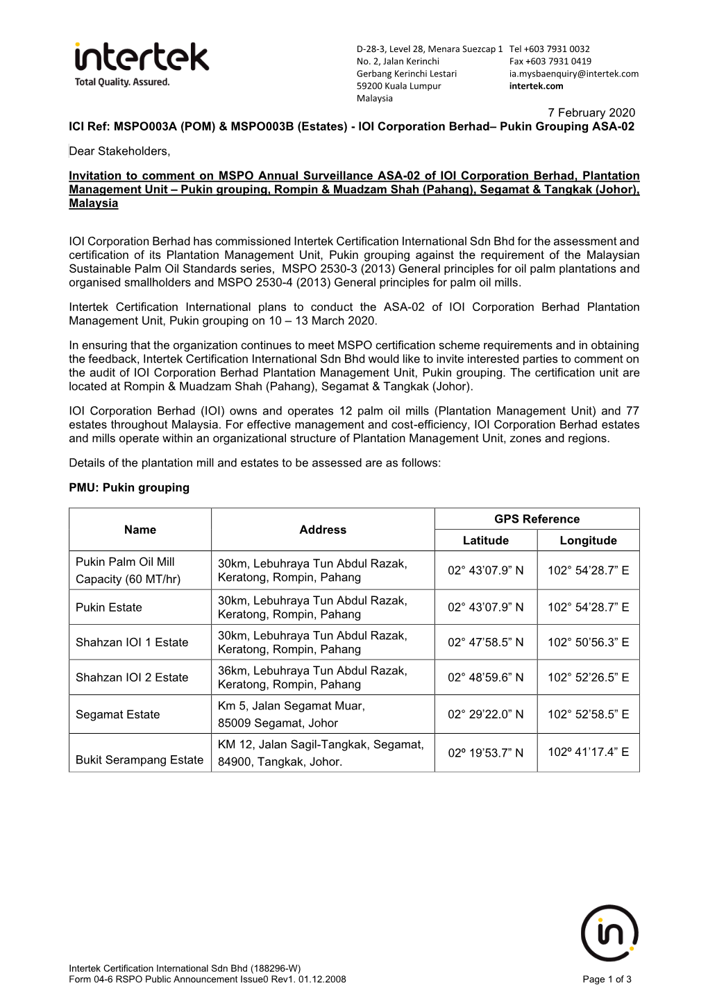 RSPO Notification