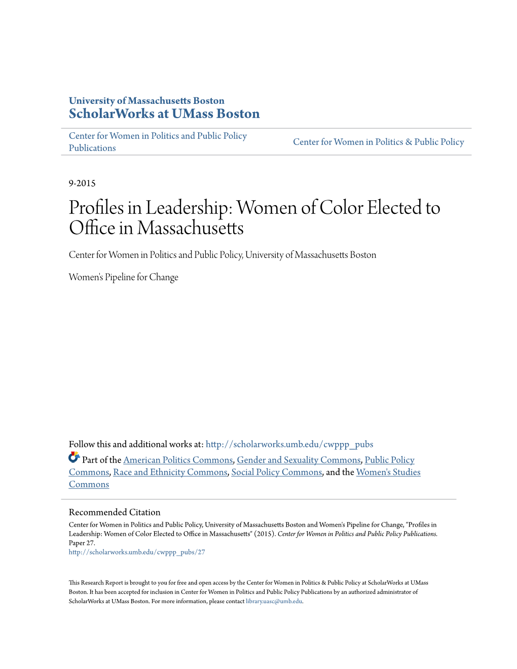 Women of Color Elected to Office in Massachusetts" (2015)