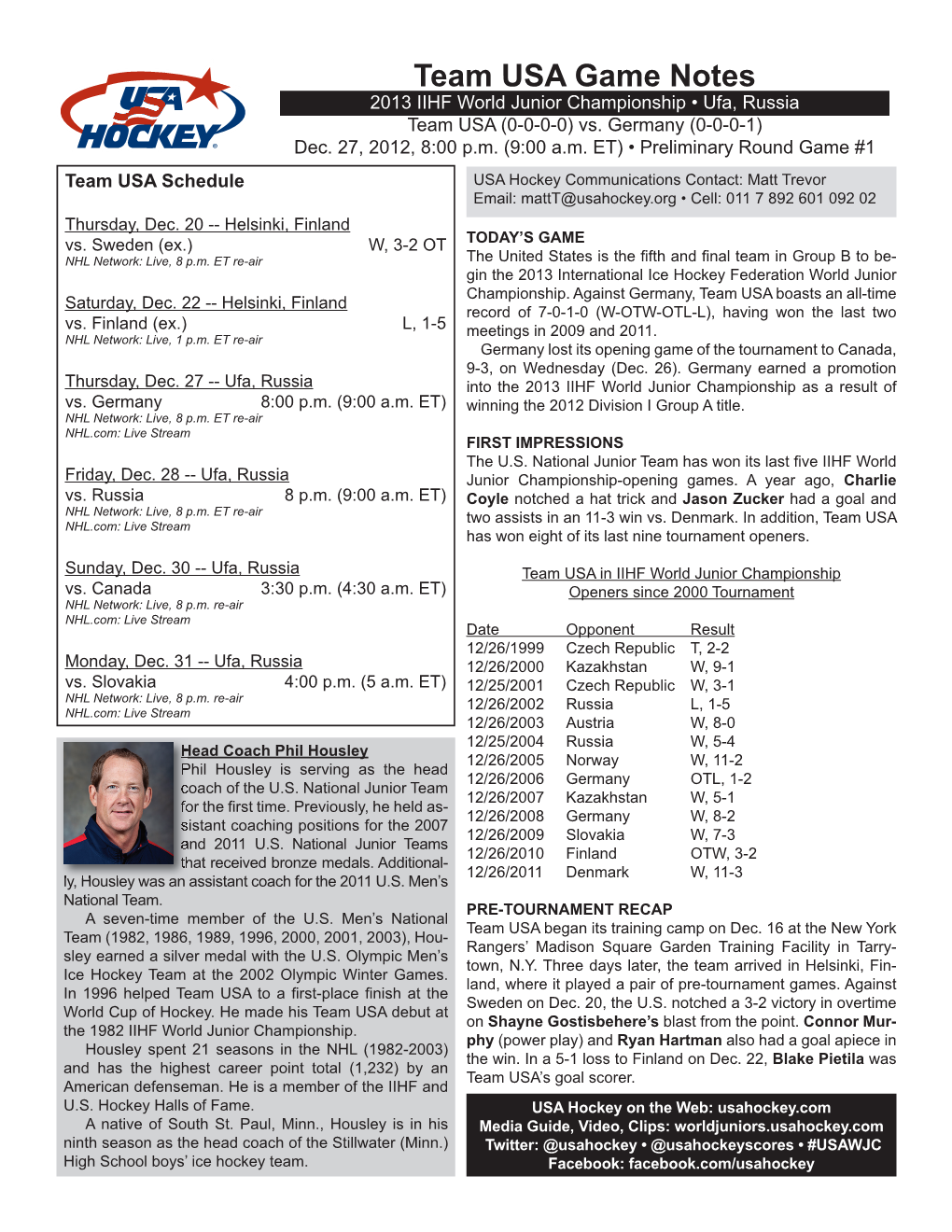 Game Notes 2013 IIHF World Junior Championship • Ufa, Russia Team USA (0-0-0-0) Vs