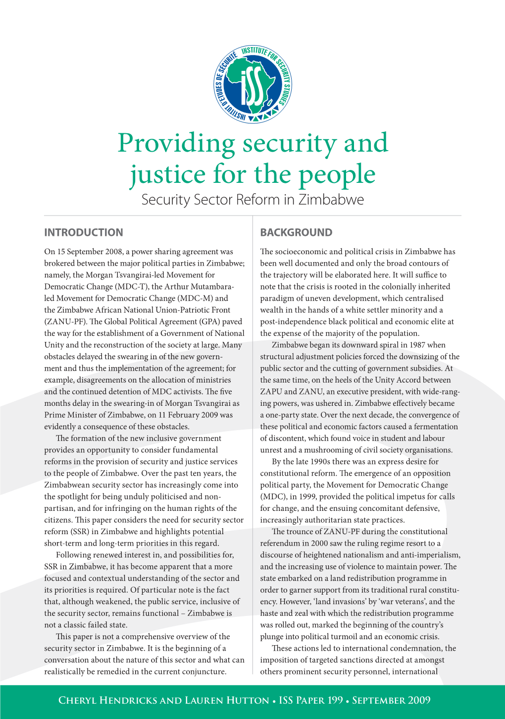 Providing Security and Justice for the People Security Sector Reform in Zimbabwe