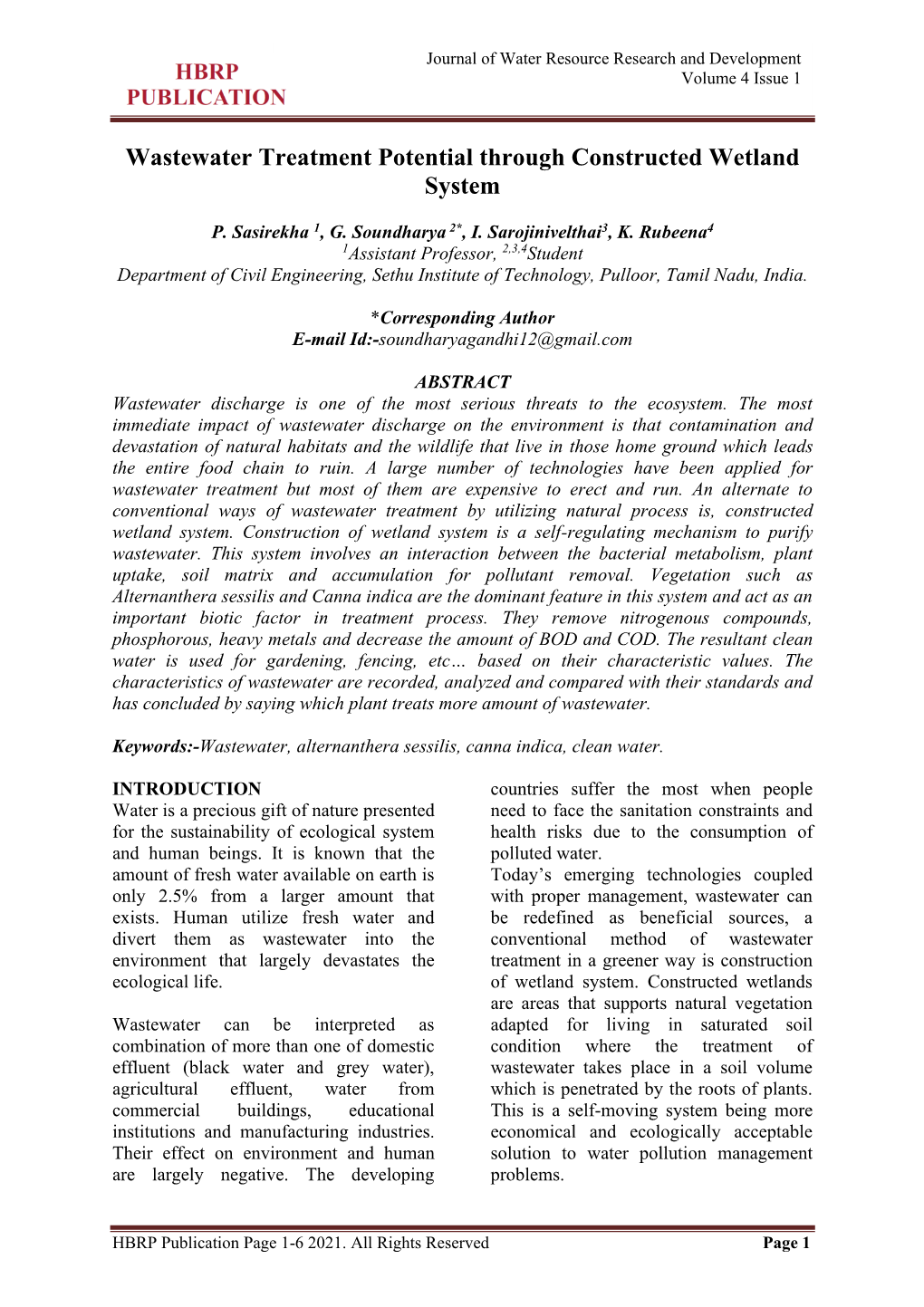 Wastewater Treatment Potential Through Constructed Wetland System