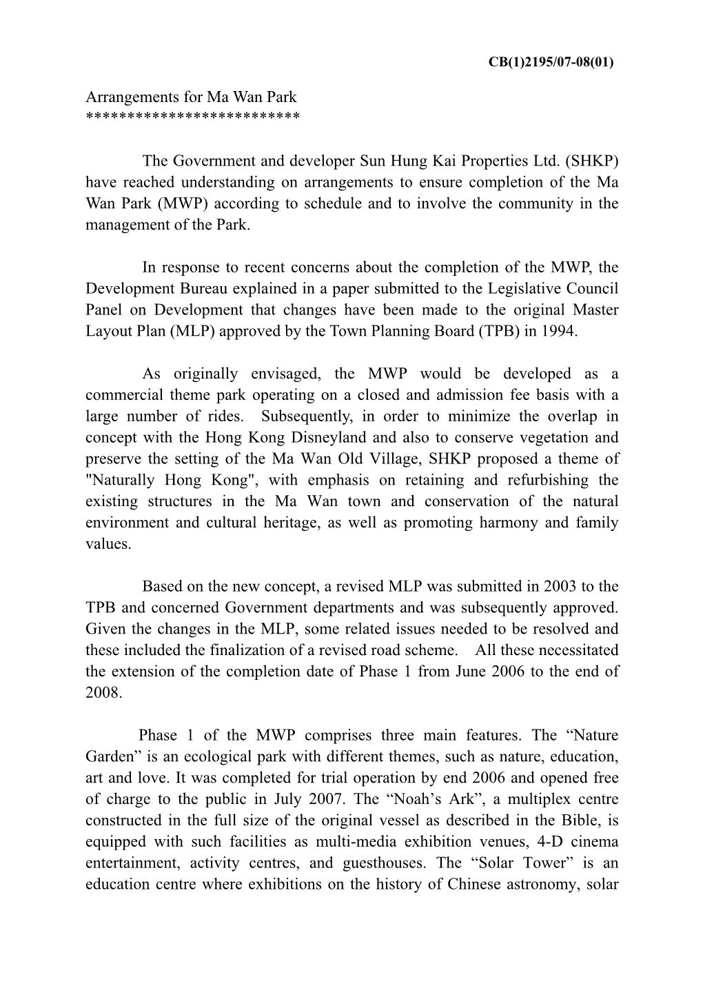 Administration's Paper on Ma Wan Park