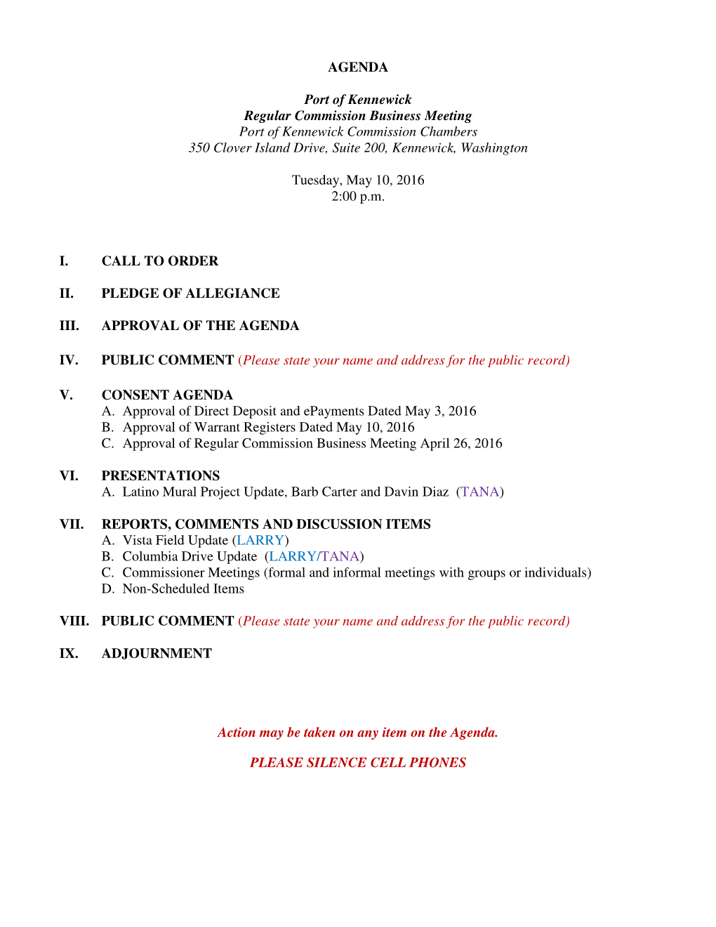 AGENDA Port of Kennewick Regular Commission Business Meeting Port