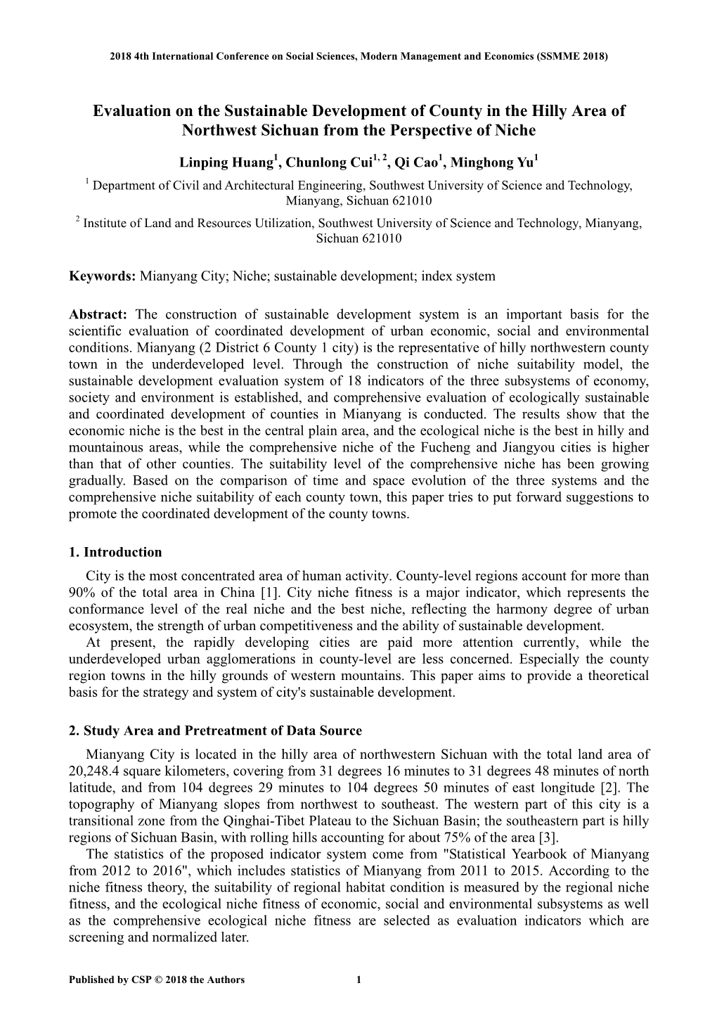 Evaluation on the Sustainable Development of County in the Hilly Area of Northwest Sichuan from the Perspective of Niche