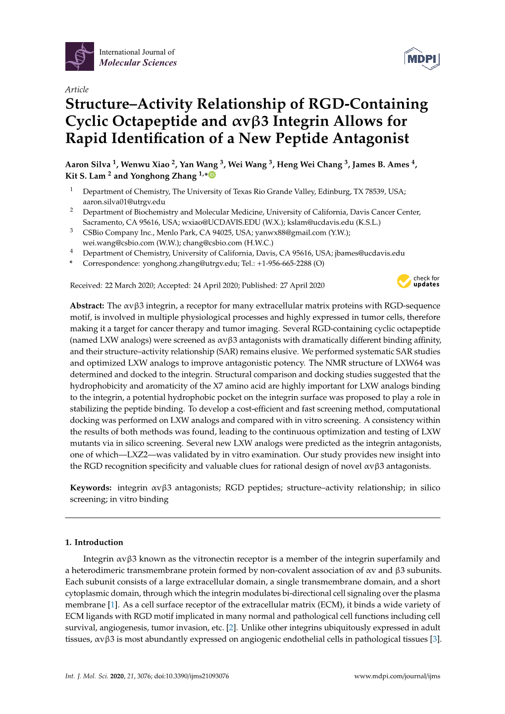 Structure–Activity Relationship of RGD-Containing Cyclic Octapeptide and Αvβ3 Integrin Allows for Rapid Identification of A