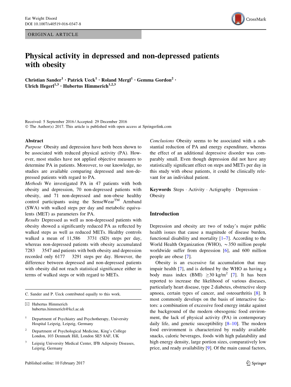 Physical Activity in Depressed and Non-Depressed Patients with Obesity