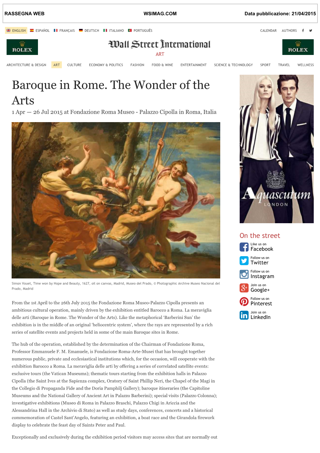 Baroque in Rome. the Wonder of the Arts 1 Apr — 26 Jul 2015 at Fondazione Roma Museo - Palazzo Cipolla in Roma, Italia