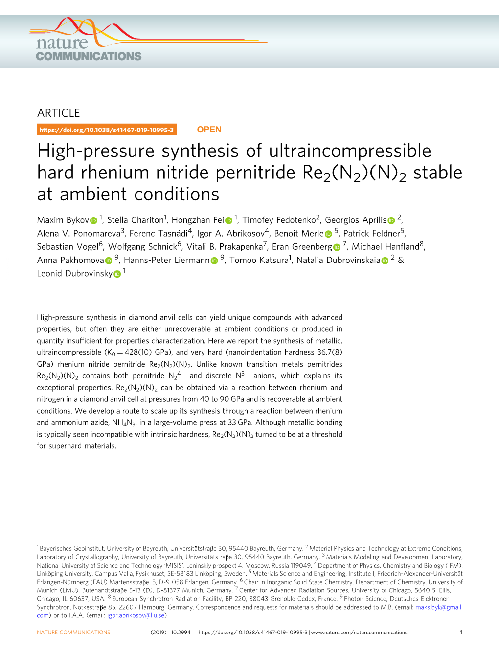 High-Pressure Synthesis of Ultraincompressible Hard Rhenium Nitride Pernitride Re2(N2)(N)2 Stable at Ambient Conditions