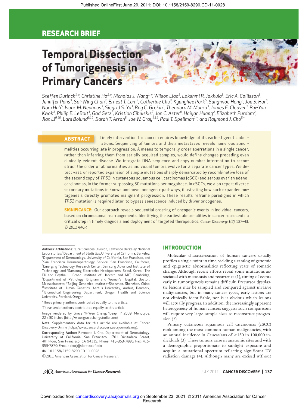 Temporal Dissection of Tumorigenesis in Primary Cancers Research Brief RESEARCH BRIEF