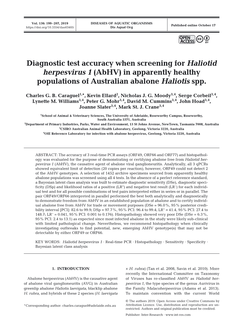 Diagnostic Test Accuracy When Screening for Haliotid Herpesvirus 1 (Abhv) in Apparently Healthy Populations of Australian Abalone Haliotis Spp
