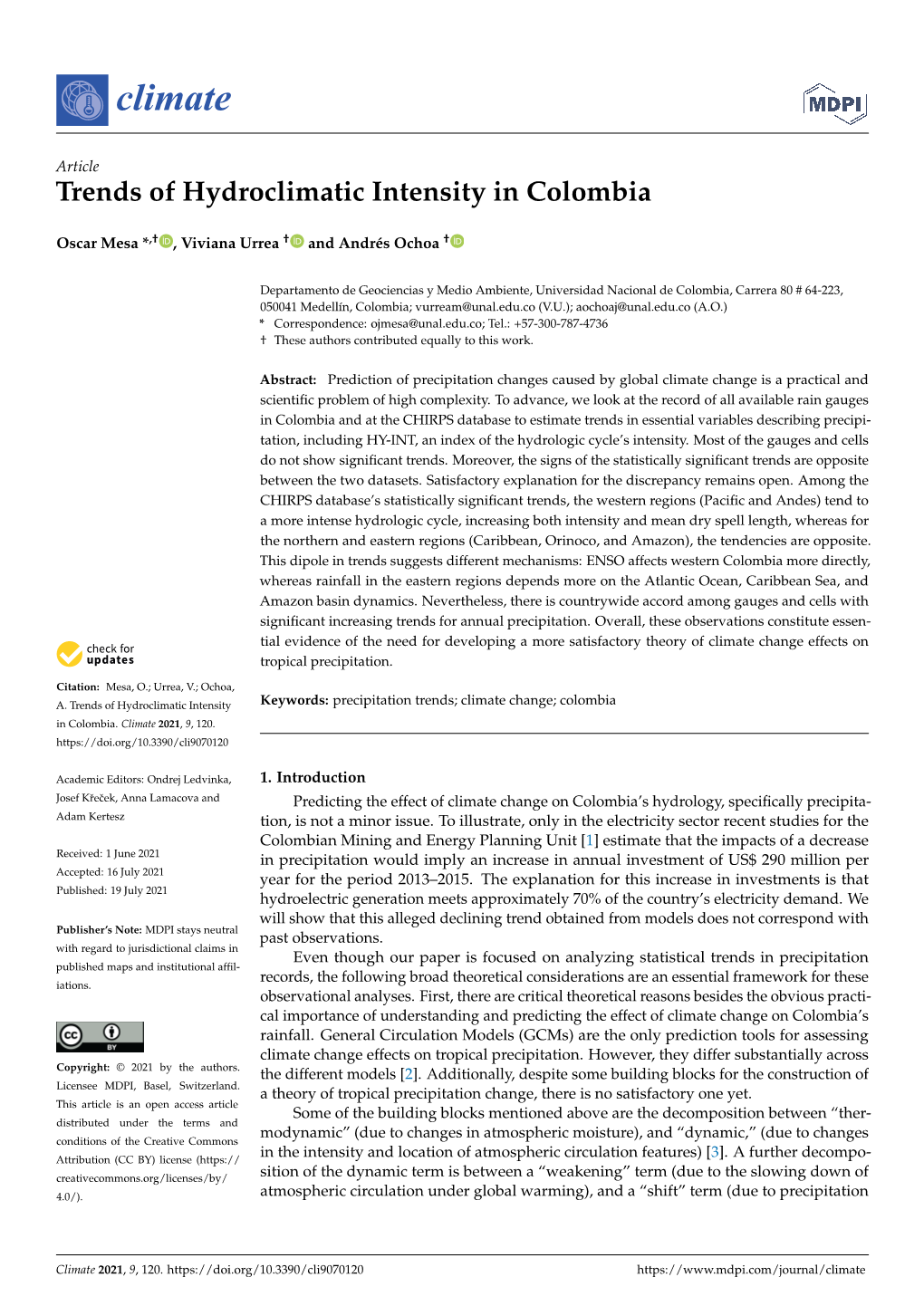 Trends of Hydroclimatic Intensity in Colombia