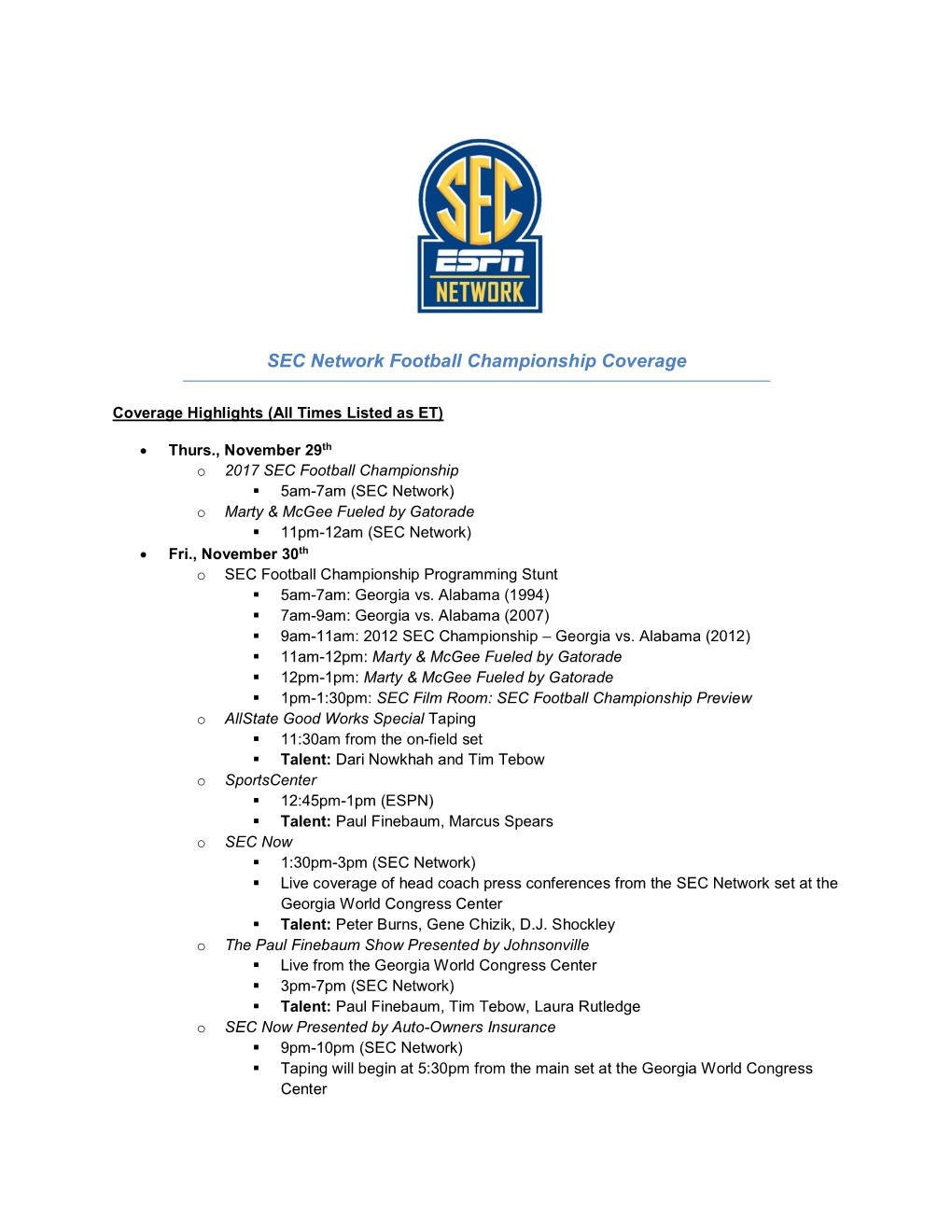 SEC Network Football Championship Coverage
