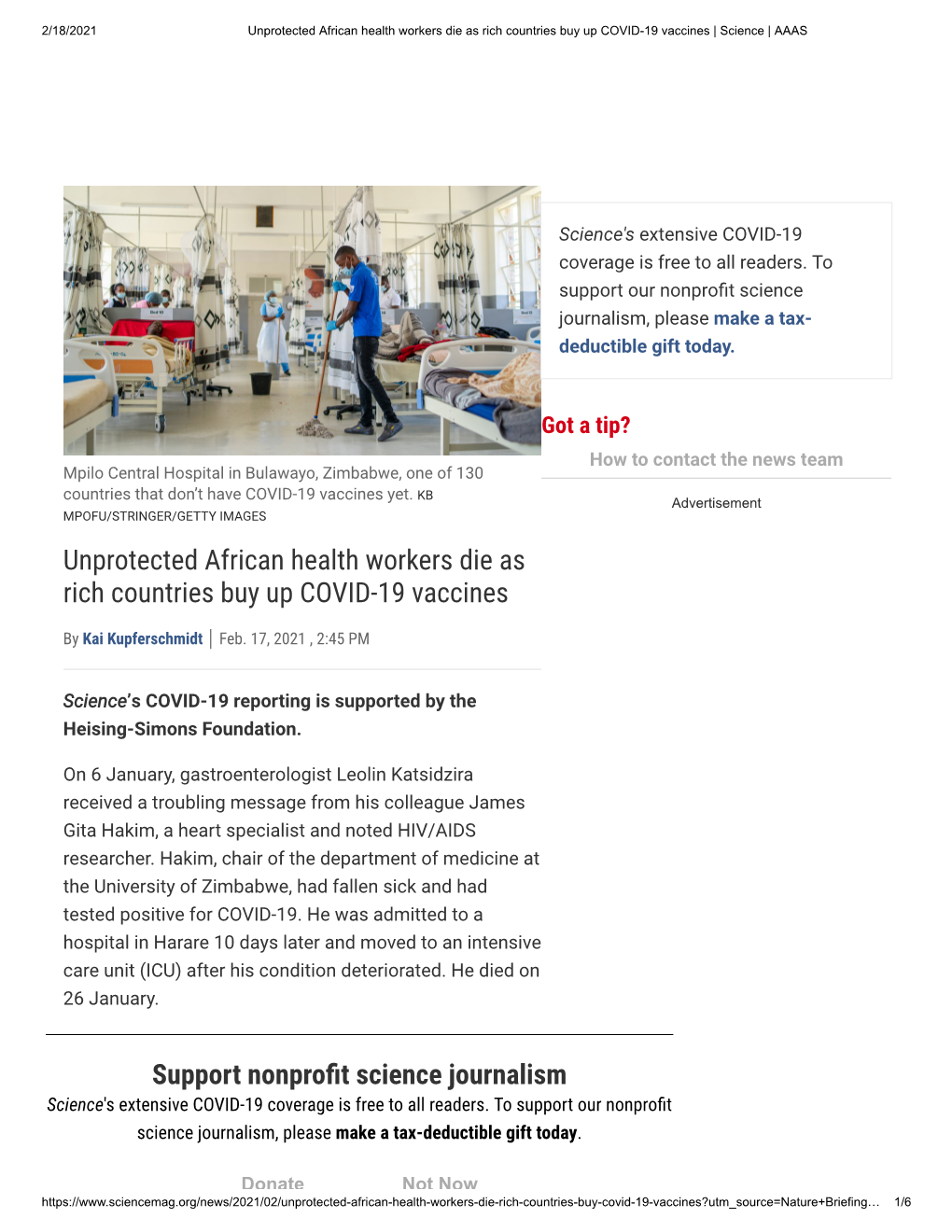 Unprotected African Health Workers Die As Rich Countries Buy up COVID-19 Vaccines | Science | AAAS