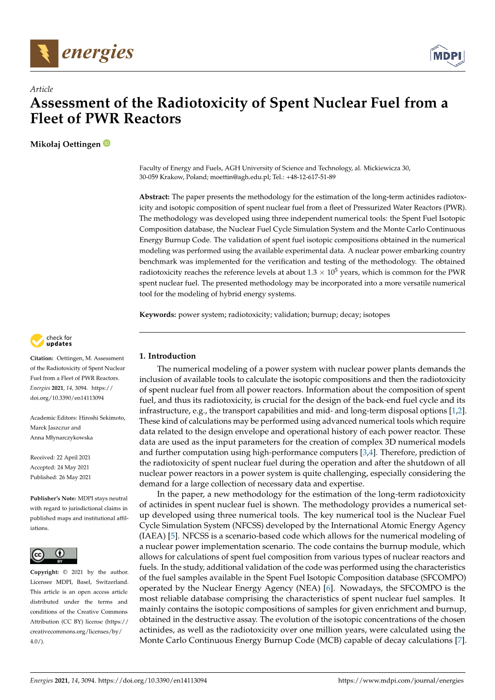 Assessment of the Radiotoxicity of Spent Nuclear Fuel from a Fleet of PWR Reactors
