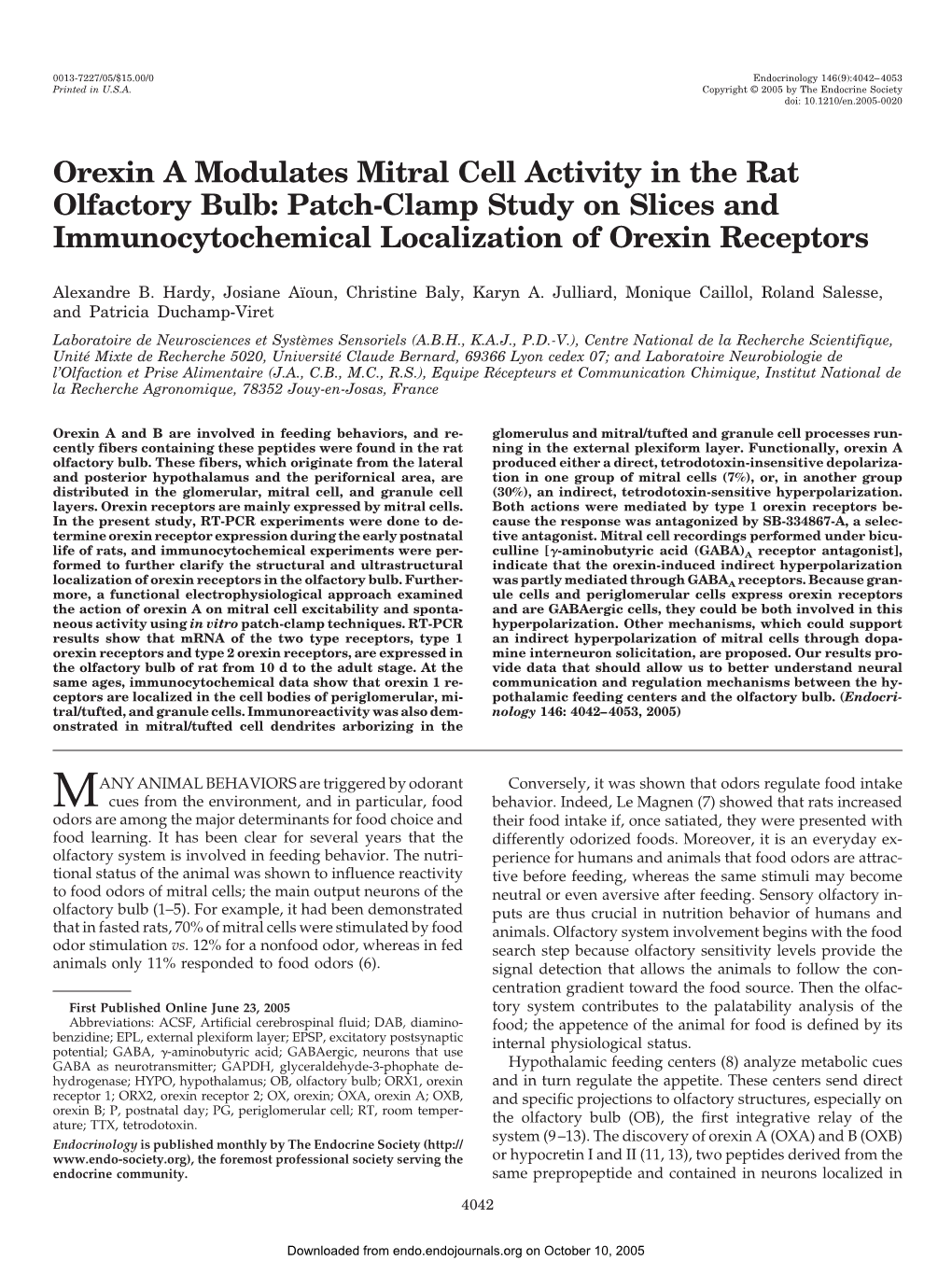 Orexin a Modulates Mitral Cell Activity in the Rat Olfactory Bulb: Patch-Clamp Study on Slices and Immunocytochemical Localization of Orexin Receptors