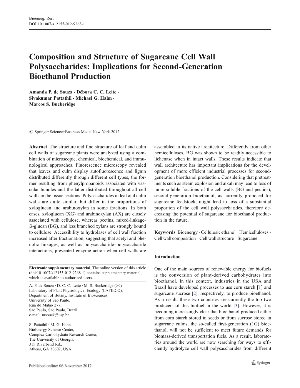 Composition and Structure of Sugarcane Cell Wall Polysaccharides: Implications for Second-Generation Bioethanol Production