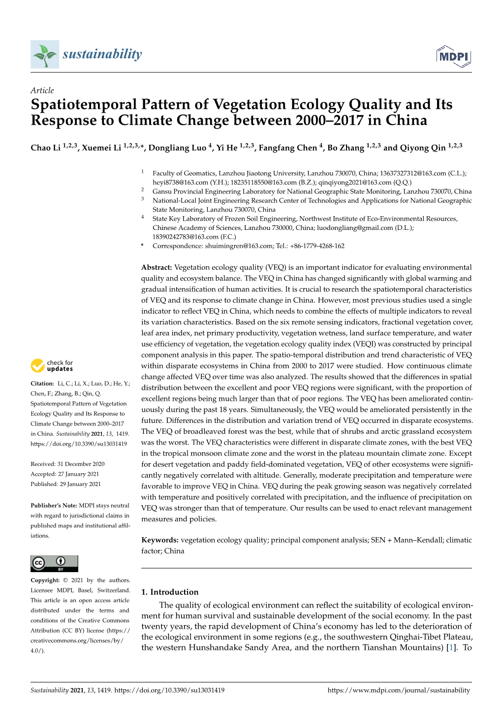 Spatiotemporal Pattern of Vegetation Ecology Quality and Its Response to Climate Change Between 2000–2017 in China