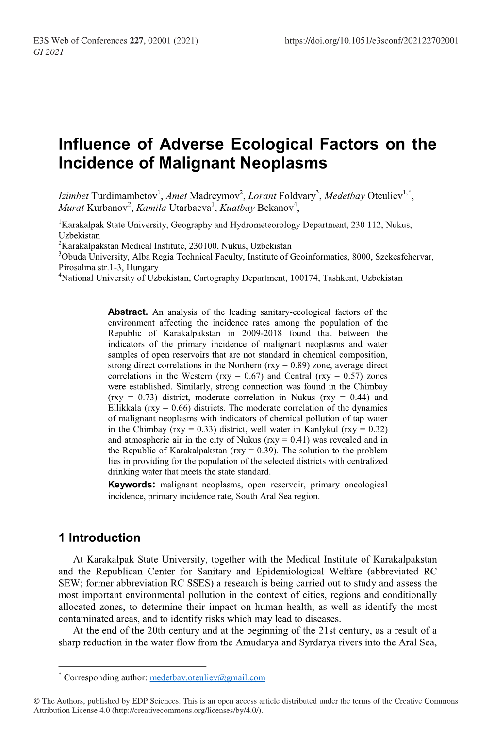 Influence of Adverse Ecological Factors on the Incidence of Malignant Neoplasms