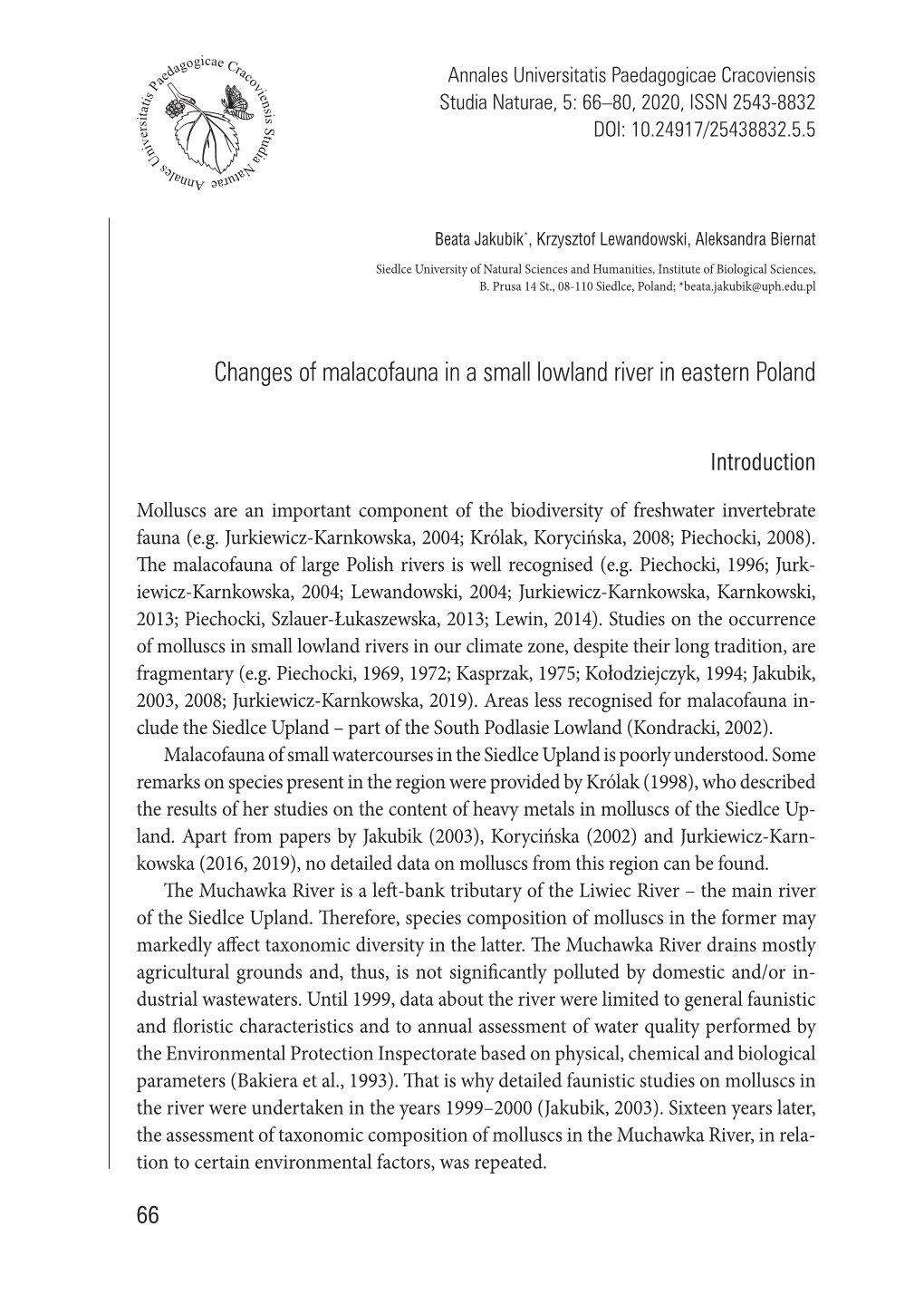 Changes of Malacofauna in a Small Lowland River in Eastern Poland