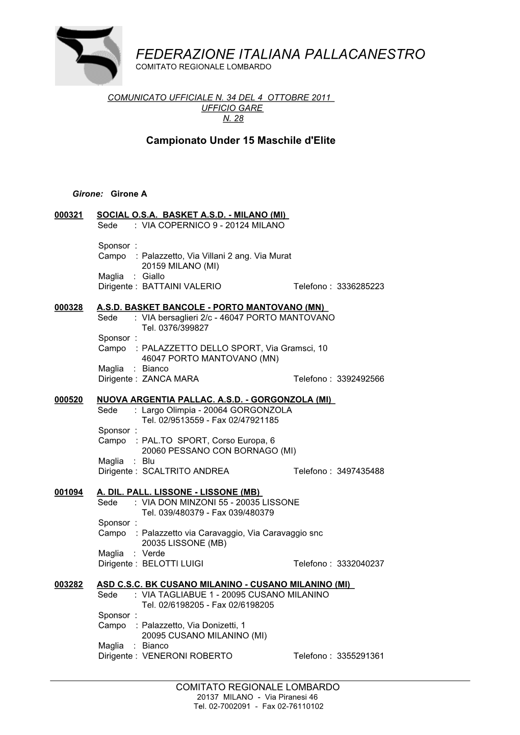 Federazione Italiana Pallacanestro Comitato Regionale Lombardo