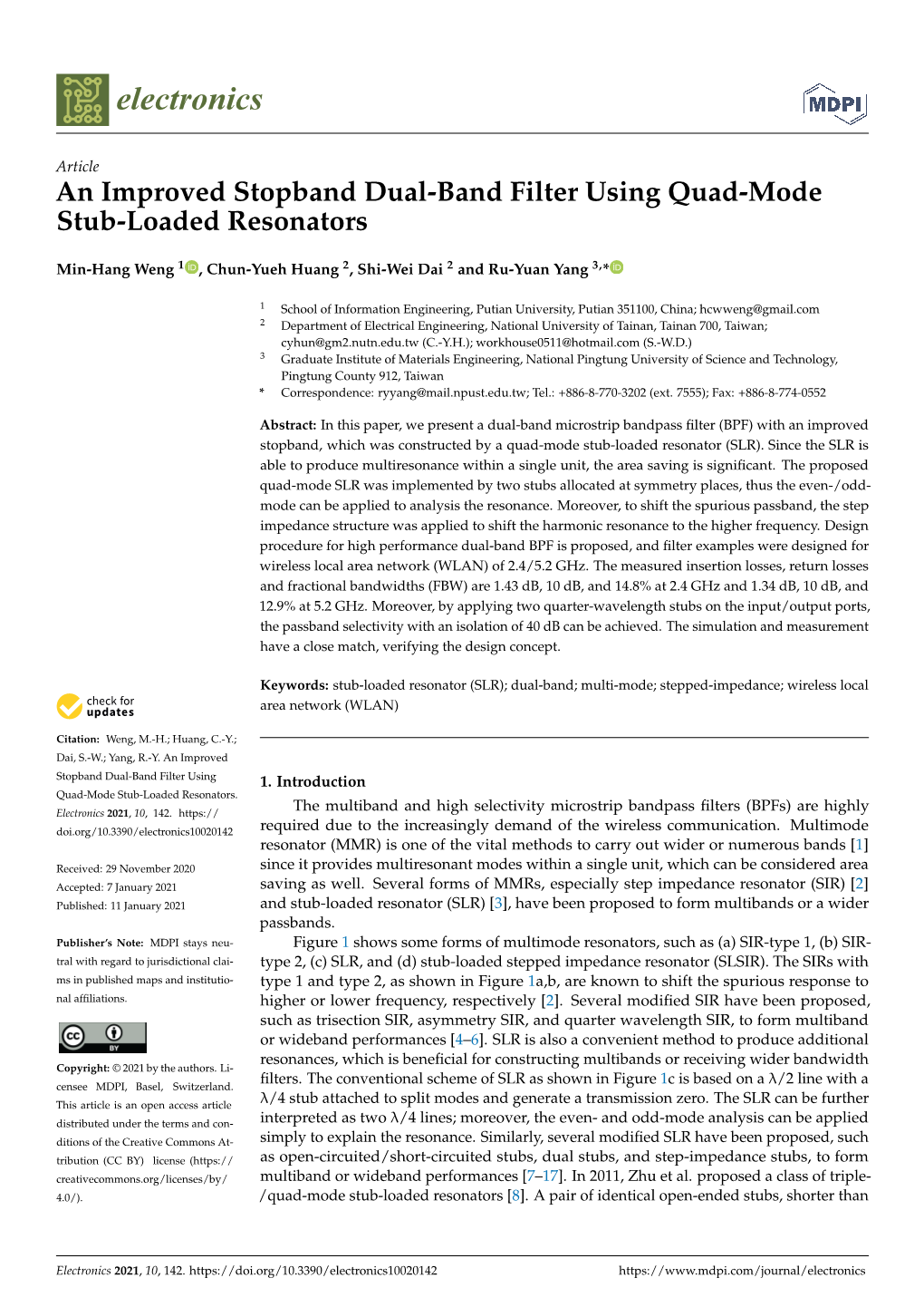 An Improved Stopband Dual-Band Filter Using Quad-Mode Stub-Loaded Resonators