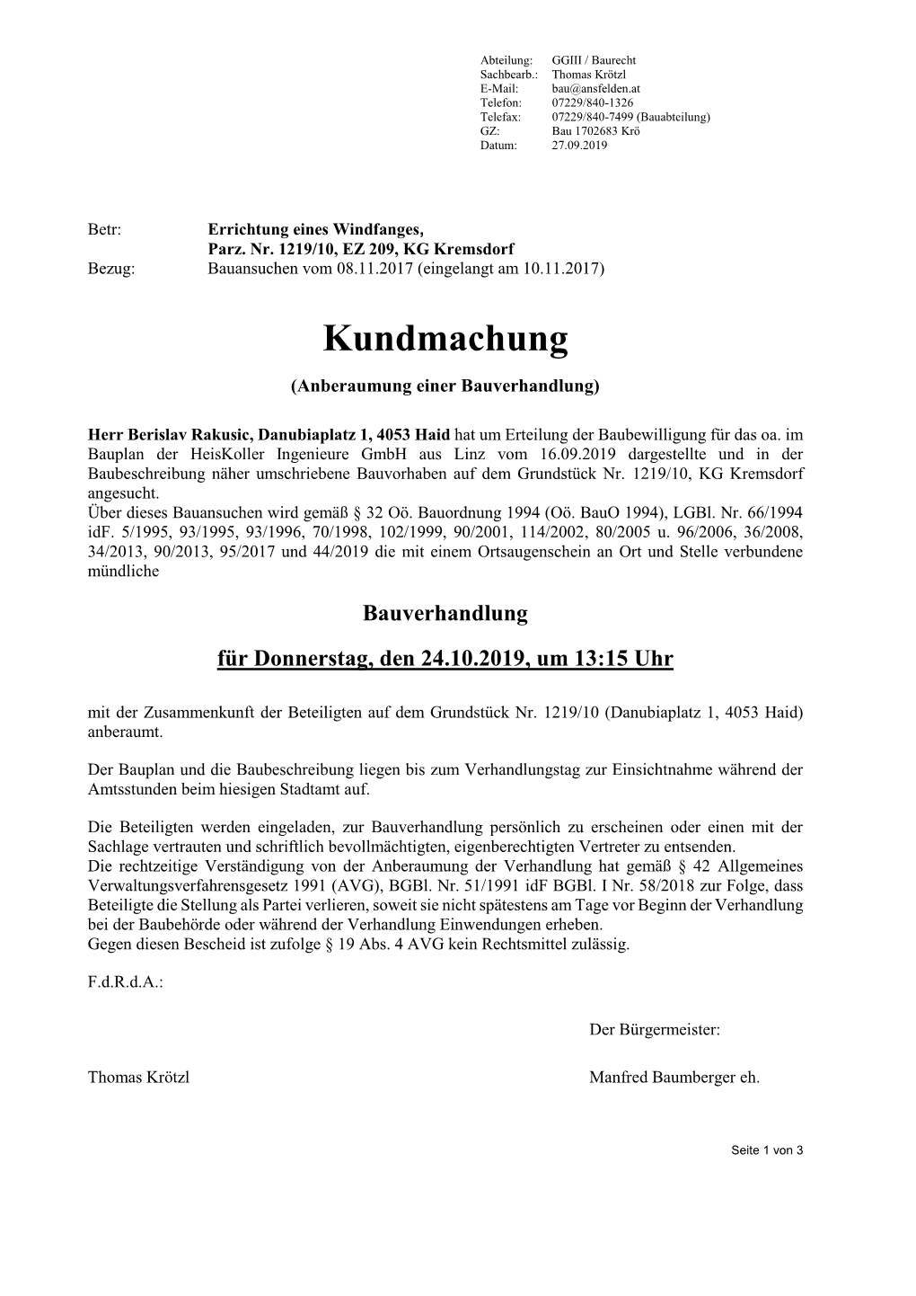 Kundmachung (Anberaumung Einer Bauverhandlung)