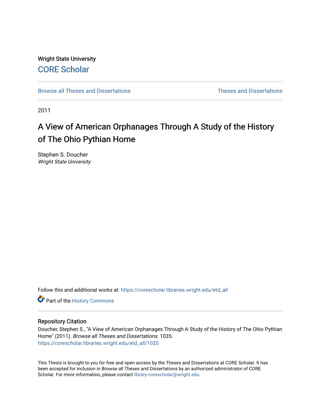 A View of American Orphanages Through a Study of the History of the Ohio Pythian Home