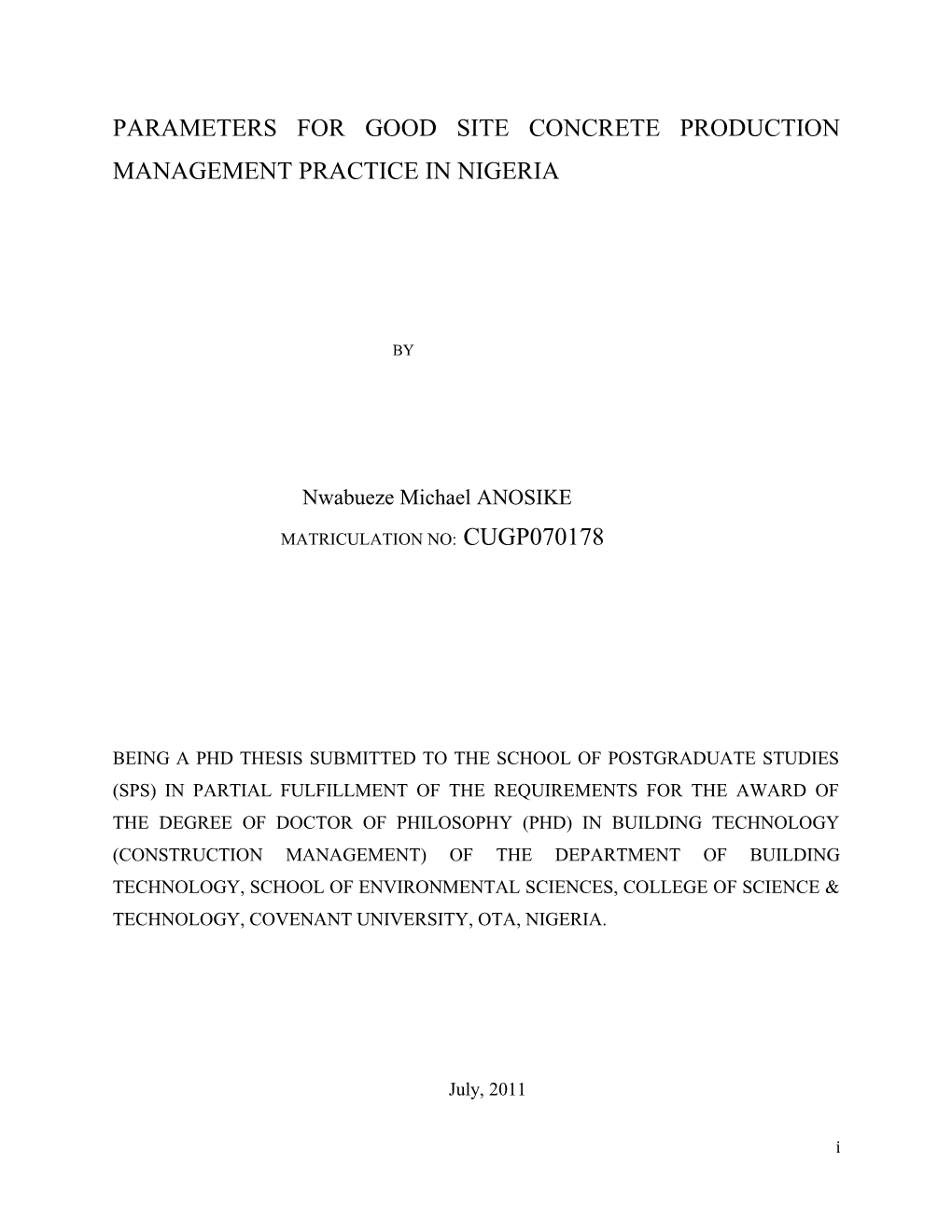 Parameters for Good Site Concrete Production Management Practice in Nigeria